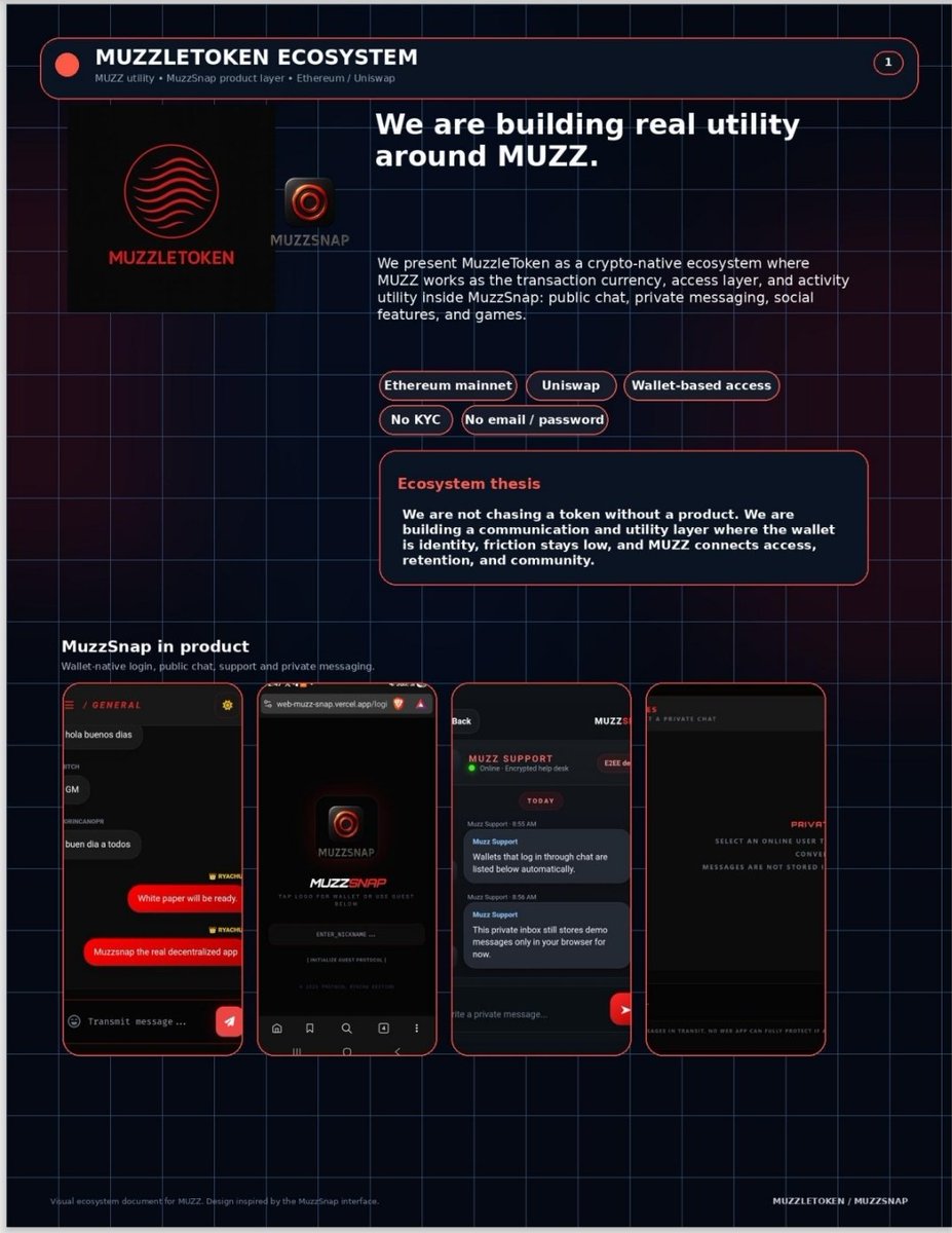 muzzsnap.com
We build in silence, we demonstrate evidence, we execute what we think. Muzzle is much more than a currency welcome to the new Muzzle Token ecosystem. 
-chat
-msm private
-game
-Staking
-MuzzID
And more...