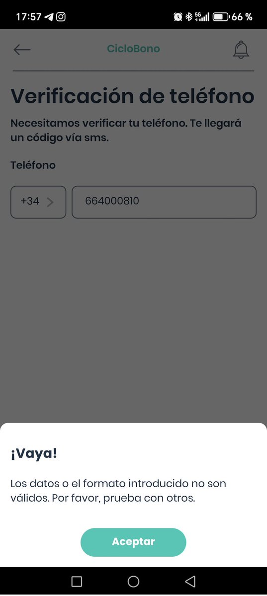 DudeSente's tweet photo. @Ciclogreen buenas tardes,
Llevo más de una semana día tras día intentando activar el CicloBono, me sigue dando error la verificación del teléfono. Decís que pruebe dentro de 24 horas y ya llevo así 7 días, sigue sin funcionar... https://t.co/izjIyMs3k5