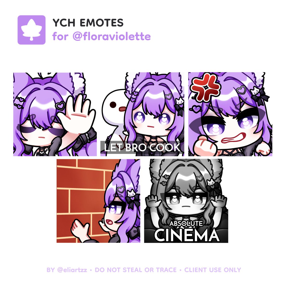 eliartzz's tweet image. YCH Emotes for @floraviolettevt 💜⛓️🖤
Thx for commissioning! ꉂ(ˊᗜˋ*)
Likes &amp;amp; RTs are appreciated🌱
#emotes #commission #Vgen