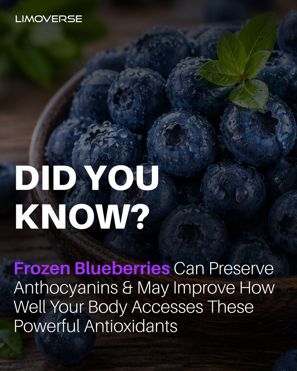 limoverseglobal's tweet photo. Blueberries are one of the simplest everyday superfoods 🫐

Even when frozen, they retain powerful antioxidants like anthocyanins, supporting recovery, brain health, and overall balance.

Make them a regular and your health benefits over time! ✨ https://t.co/wZxC44Ri4J