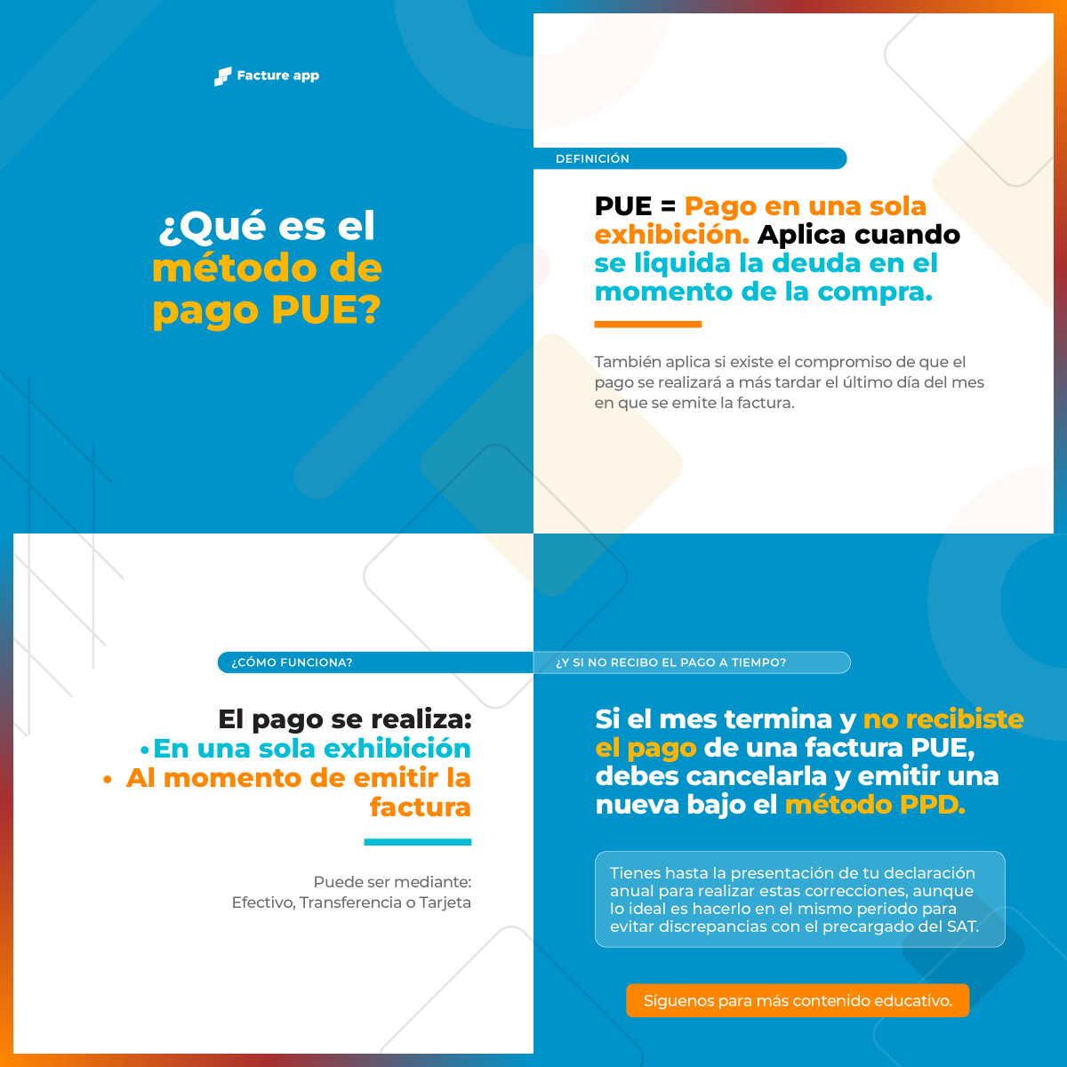 FactureApp's tweet photo. 💡 PUE = Pago en una sola exhibición.

Aplica cuando el pago se liquida al momento de la compra o antes de terminar el mes de emisión. 🧾

⚠️ Si no recibes el pago a tiempo, debes cancelar y refacturar como PPD. https://t.co/2J8ZiV6ayL