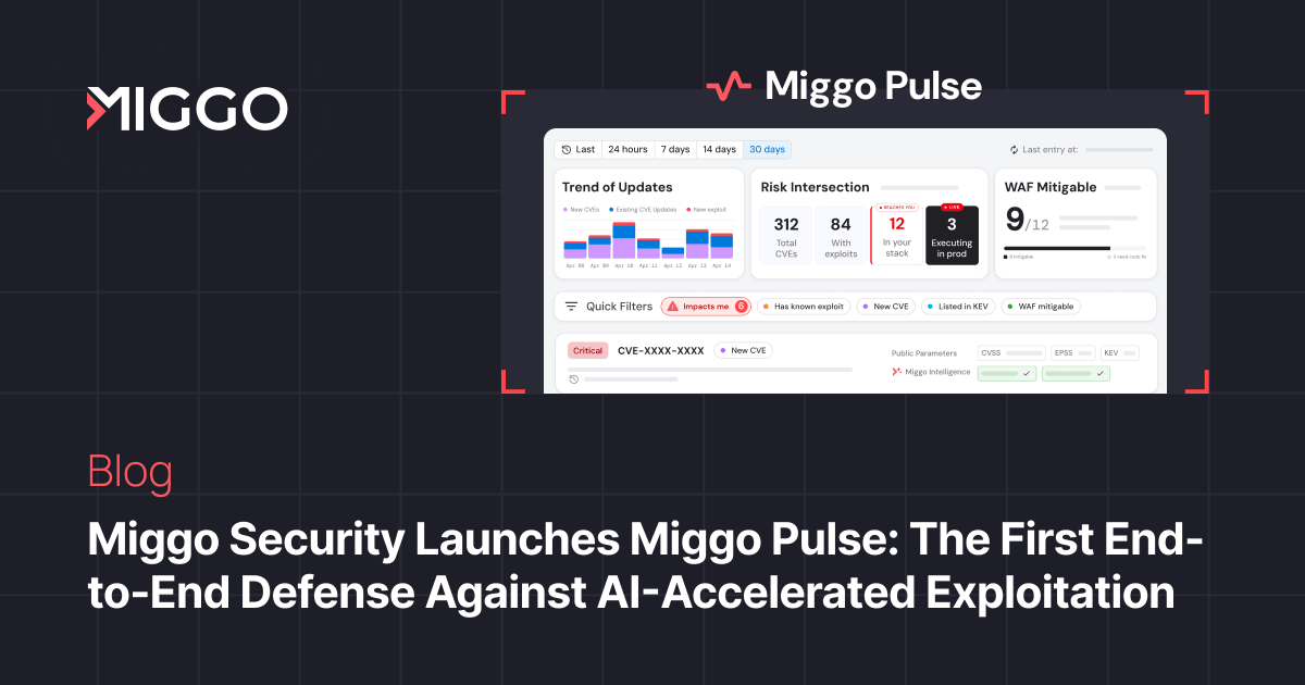 MiggoSecurity's tweet photo. Mythos accelerated everything, including the panic in every boardroom. We've been building for this; the gap between vulnerability disclosure and exploitation has collapsed.

Introducing 𝗠𝗶𝗴𝗴𝗼 𝗣𝘂𝗹𝘀𝗲 -  the first end-to-end defense against AI-accelerated exploitation, built for the Mythos Era.

⚡ Predictive exploit intelligence powered by Miggo's 𝗣𝗿𝗲𝗱𝗶𝗰𝘁𝗶𝘃𝗲 𝗩𝘂𝗹𝗻𝗲𝗿𝗮𝗯𝗶𝗹𝗶𝘁𝘆 𝗗𝗮𝘁𝗮𝗯𝗮𝘀𝗲
⚡ Runtime exploitability proof via 𝗗𝗲𝗲𝗽𝗧𝗿𝗮𝗰𝗶𝗻𝗴𝗧𝗠 sensor and 𝗔𝗽𝗽𝗗𝗡𝗔
⚡ Defense in depth through 𝗪𝗔𝗙 𝗖𝗼𝗽𝗶𝗹𝗼𝘁 & ADR before a patch exists.

The offense just got faster. So did the defense.

🔗 https://t.co/15XQAZVjPq

#RuntimeDefense #Mythos #MiggoSecurity #AppSec
