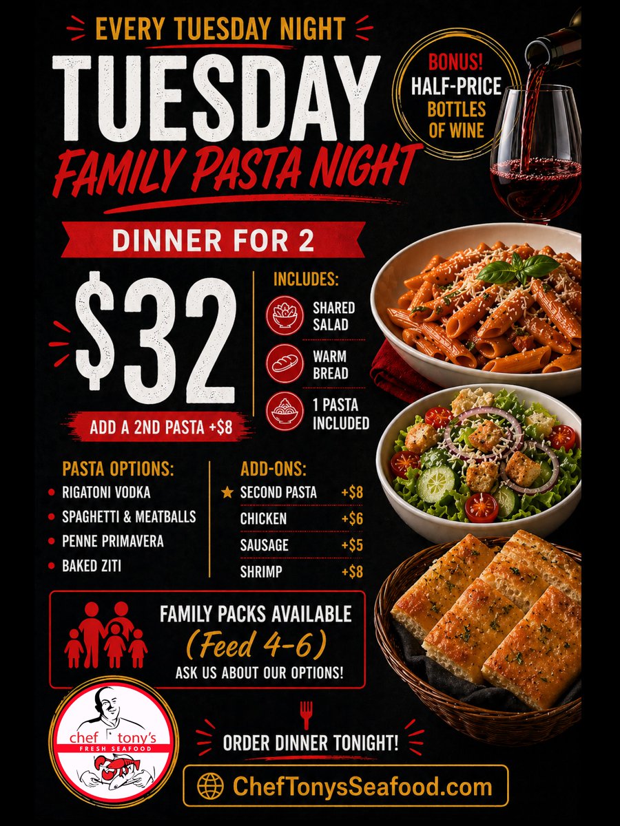 🍝 Something new is coming…

Starting Tuesday, May 5 →
Family Pasta Night is ON.

No cooking. No stress. Just real dinner. 👇

✨ Dinner for 2 — $32
🥗 Shared salad + warm bread
🍝 1 pasta included
➕ Add a 2nd pasta for $8

🍷 Plus… Half-Price Bottles of Wine

Bring the