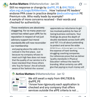 MattersActive's tweet photo. 1) Further testimony received that shines a light upon poor standards in #PhysicalEducation - this reminded us that we had still not received a reply from @KLTB26 &amp; @afPE_PE re: failing to tackle accredited Business Associate Member coaching companies who break PPA ruling...still https://t.co/5gScAAWqZX