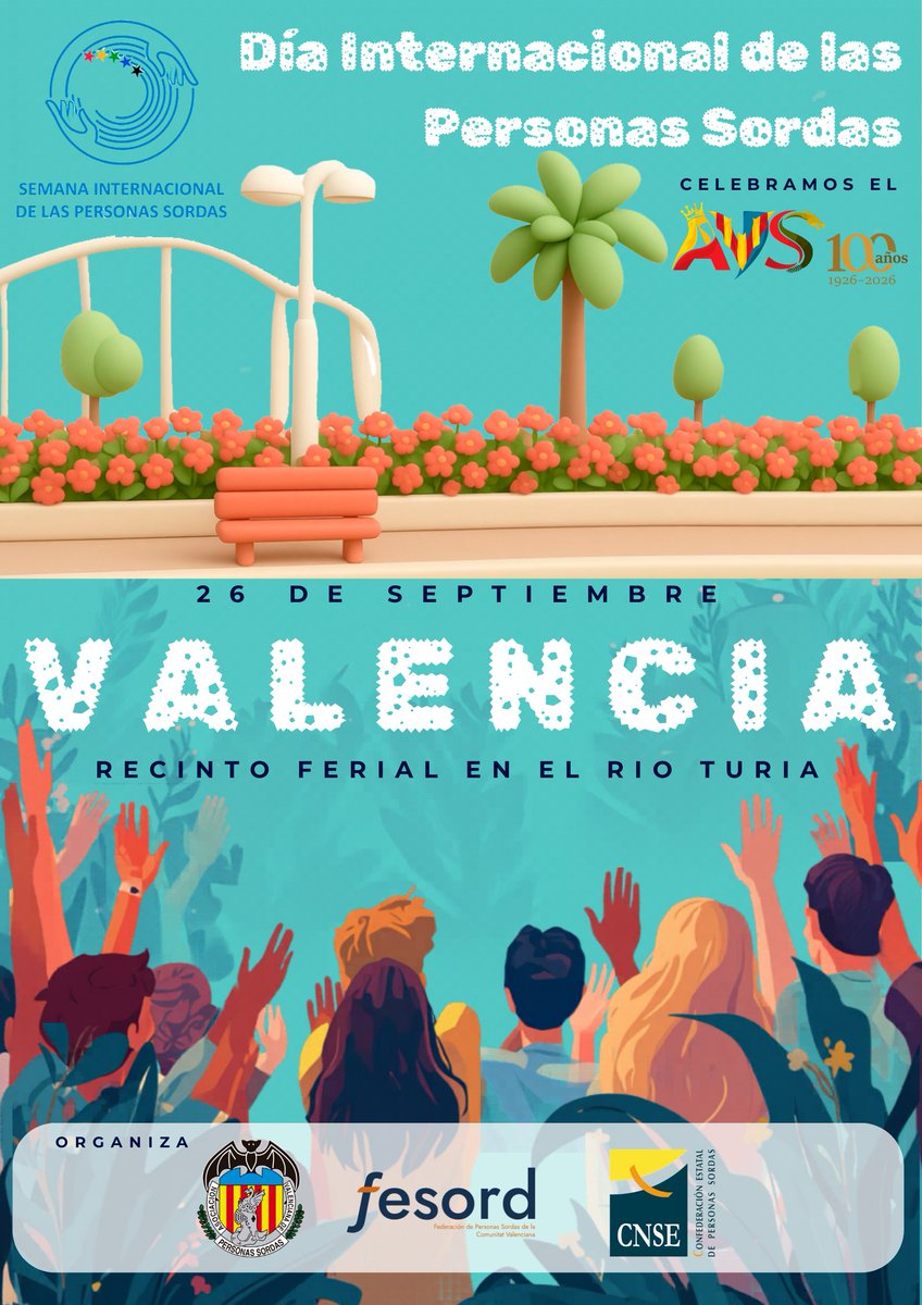 AVSPERSONASSORD's tweet photo. 26 de septiembre de 2026
Día Internacional de las Personas Sordas, te invitamos a celebrar un momento muy especial: el 100 aniversario de la Asociación Valenciana de Personas Sordas.
📍 Recinto Ferial del Río Turia
Una jornada junto a @FESORD y la @CNSE.
#AVS100
#GRANDIACON100AVS https://t.co/oep5mhetpa