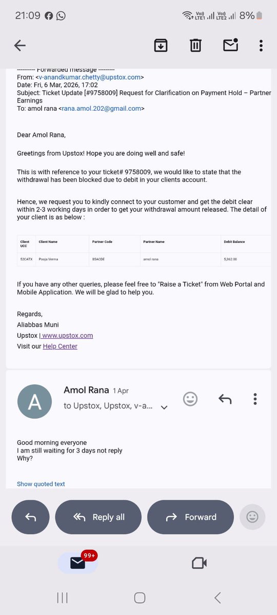 Mahendr07945021's tweet image. @upstox @NSEIndia @SEBI_India Payment still not released after 50+ days even after clearing client debit.

Ticket #9758009
No response from team or RM.
Request immediate action or I will proceed with formal complaint.
#Upstox #SEBI #InvestorProtection #frodupstox #trader #broker