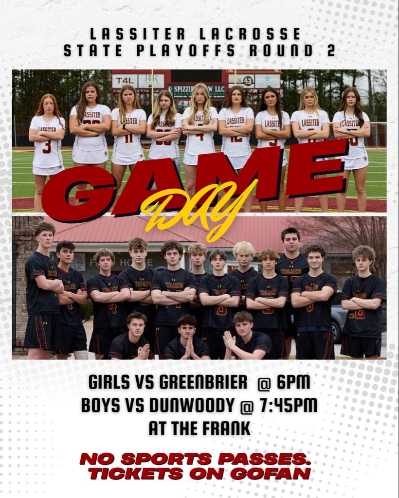 LassiterSports's tweet image. Lassiter Lacrosse at The Frank Friday for Round 2 of State Playoffs! Girls at 6:00 and Boys at 7:45. No All Sports Passes for playoffs. Tickets on GoFan! #t4l #state