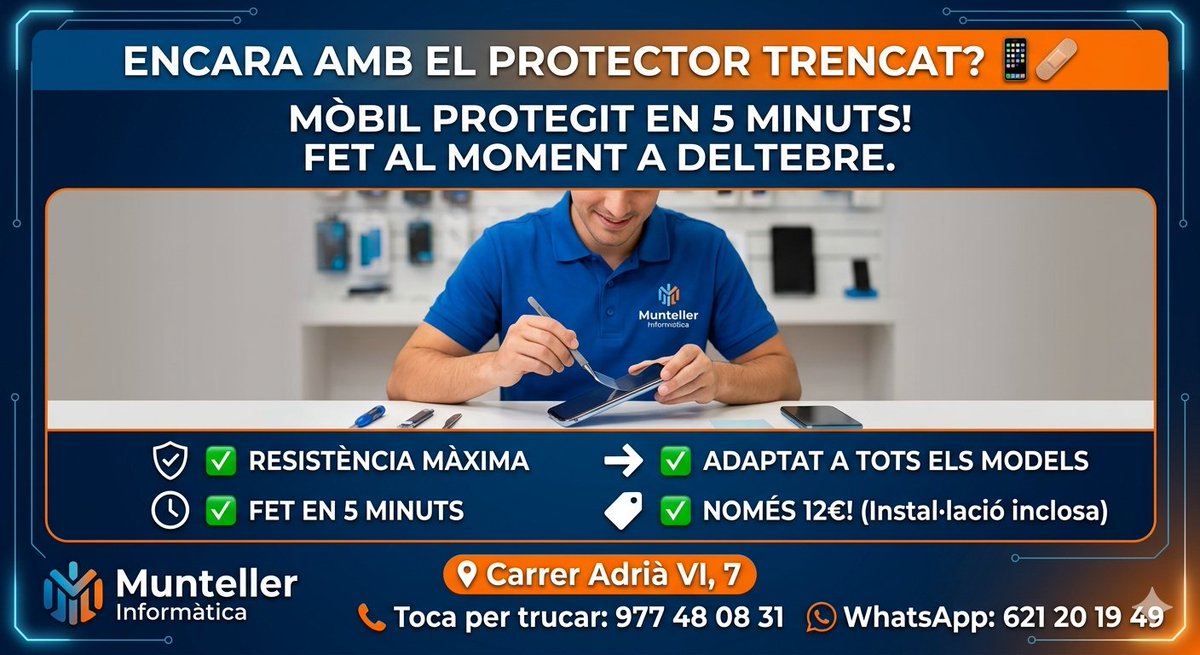 JMunteller's tweet photo. Encara amb el protector trencata? 📱🩹

A #MuntellerInformatica tallem i instal·lem el protector d'hidrogel a mida en 5 minuts! 🚀

✅ Més resistent que el vidre
✅ Fet al moment
✅ Instal·lació inclosa: 12€

📍 Carrer Adrià VI, 7, #Deltebre
📱 621201949

Protegeix-lo ja! 🛡️✨ https://t.co/jkgM2t44NW