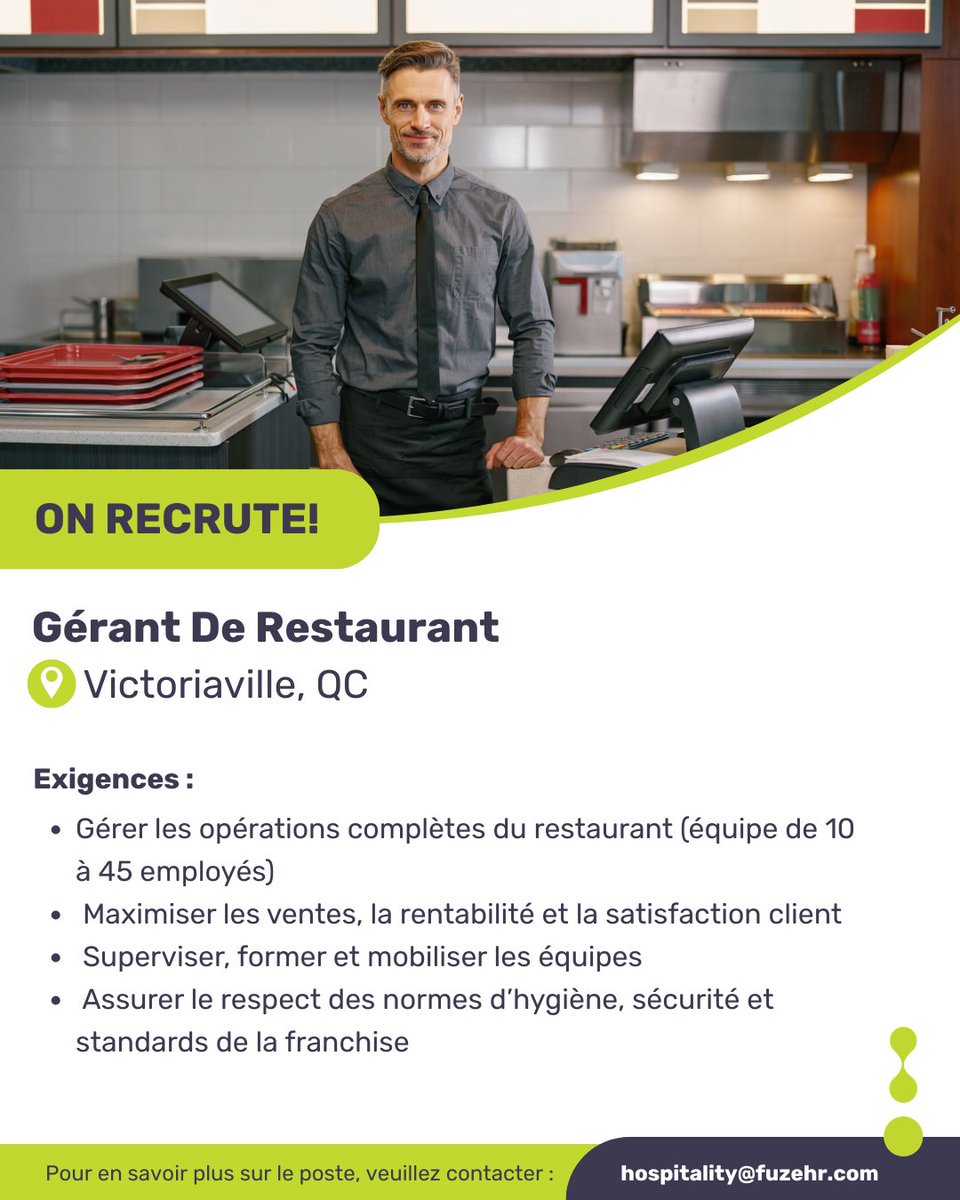 FuzeHR's tweet image. Nous recrutons ! Gérant(e) général(e) de restaurant - Victoriaville, QC

Postulez maintenant : hospitality@fuzehr.com
En savoir plus: ow.ly/AWOo50YOJSc

#GérantDeRestaurant #QSR #BurgerKing #Victoriaville #EmploiQC #FuzeHR #Gestion #Restauration #Canada