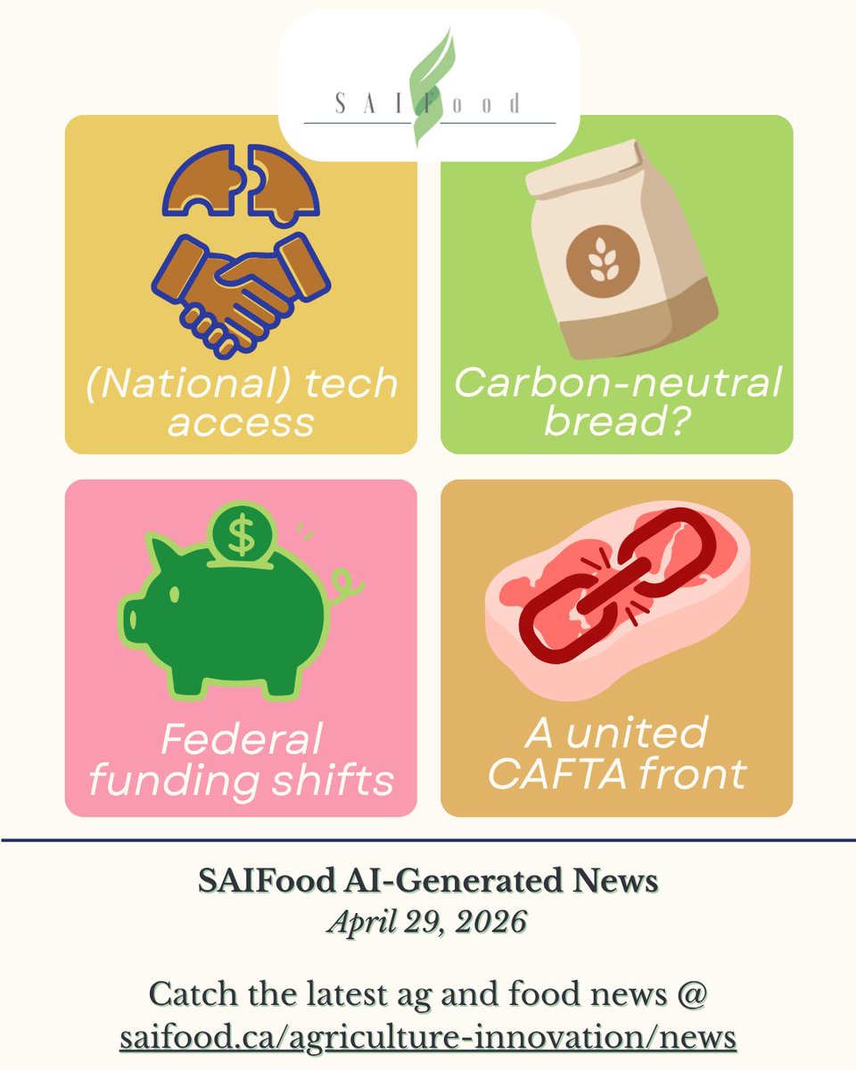SAIFood_blog's tweet image. This week's #AIGeneratedNews:

🍞 Regenerative innovation in QC
🛜 How mergers generate capital
🍖Canadian Meat Council joins CAFTA
💸 How does the next 4 years of funding look?
...&amp;amp; more!

Check it out 👉 saifood.ca/agriculture-in…