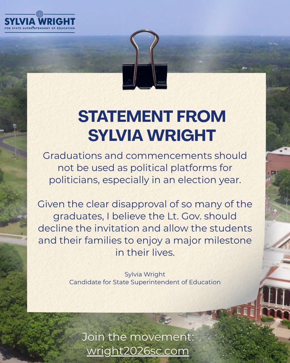 wright2026sc's tweet image. Graduation is a milestone that should be centered on students, their families, and their future. It is a moment of achievement, reflection, and celebration for those who have worked hard to reach this point. It should not be overshadowed by politics.

#SylviaW #StudentsFirst