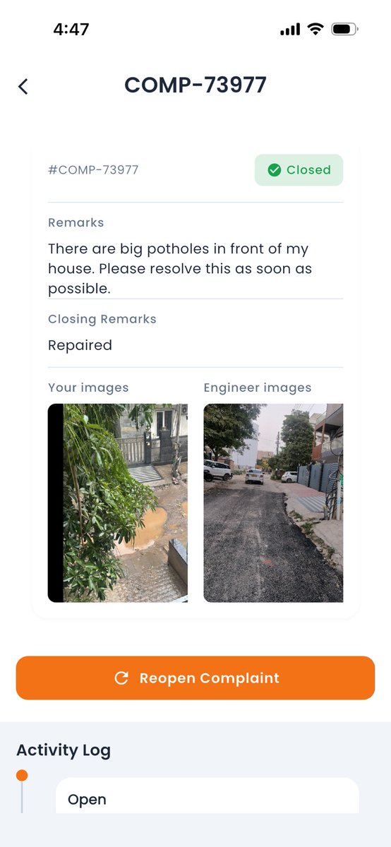 Che10Mehta's tweet photo. I raised a complaint on the Mhari Sadak app regarding potholes outside my house in Sector-57, Gurugram on 19th March. Appreciate the Haryana Government for resolving it within a month, but the repair was only partial, with some patch in the middle still left unattended. https://t.co/CAAOMcz40W