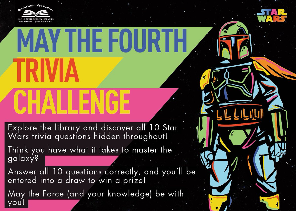 LLBC_Libraries's tweet photo. Mark your calendar! Join us on May 4th for some trivia challenge at the library. 

 #MayTheFourth #StarWarsTrivia #LibraryEvent #StarWarsFans https://t.co/Gb7nvm256Z