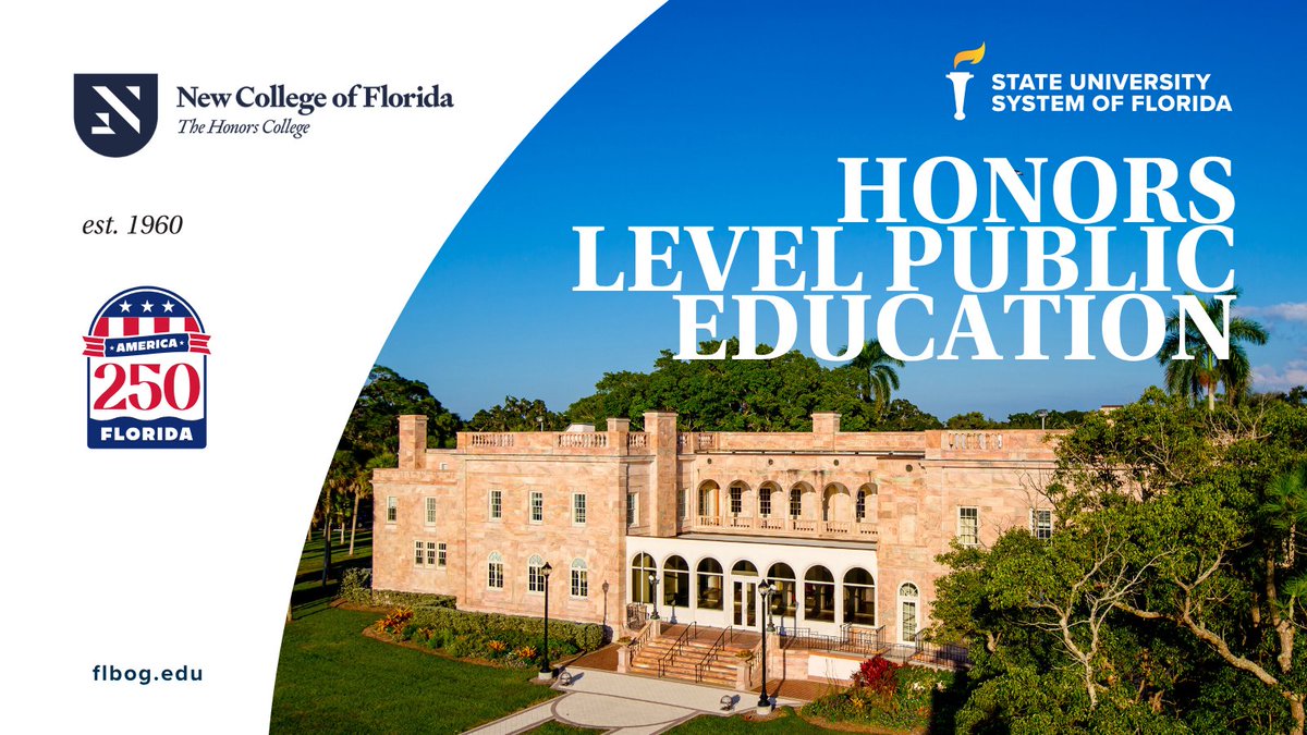 SUS_Florida's tweet photo. Founded in 1960, @NewCollegeofFL set a new standard for academic rigor and innovation and has been ranked the #1 public liberal arts college by Washington Monthly for three consecutive years.
__
#SUSFL @America250FL https://t.co/AgODGpYDEW