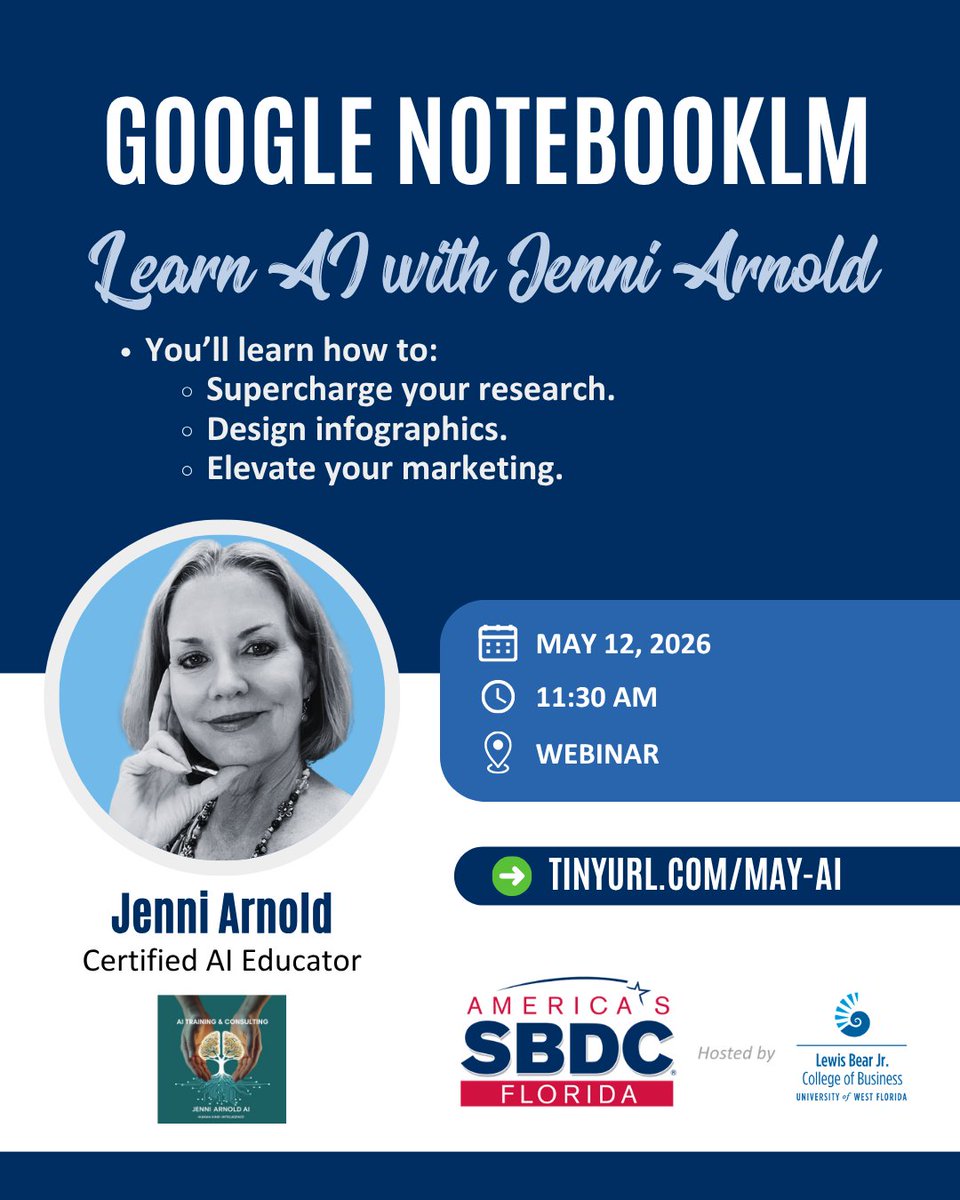 FloridaSBDC_UWF's tweet image. Unlock the power of intelligent note-taking with Google NotebookLM! Join our webinar with Jenni Arnold on May 12 at 11:30 AM CT that will transform your research game. Perfect for students, educators, &amp;amp; researchers! Register now: tinyurl.com/may-ai #AI #Webinar 📚✨