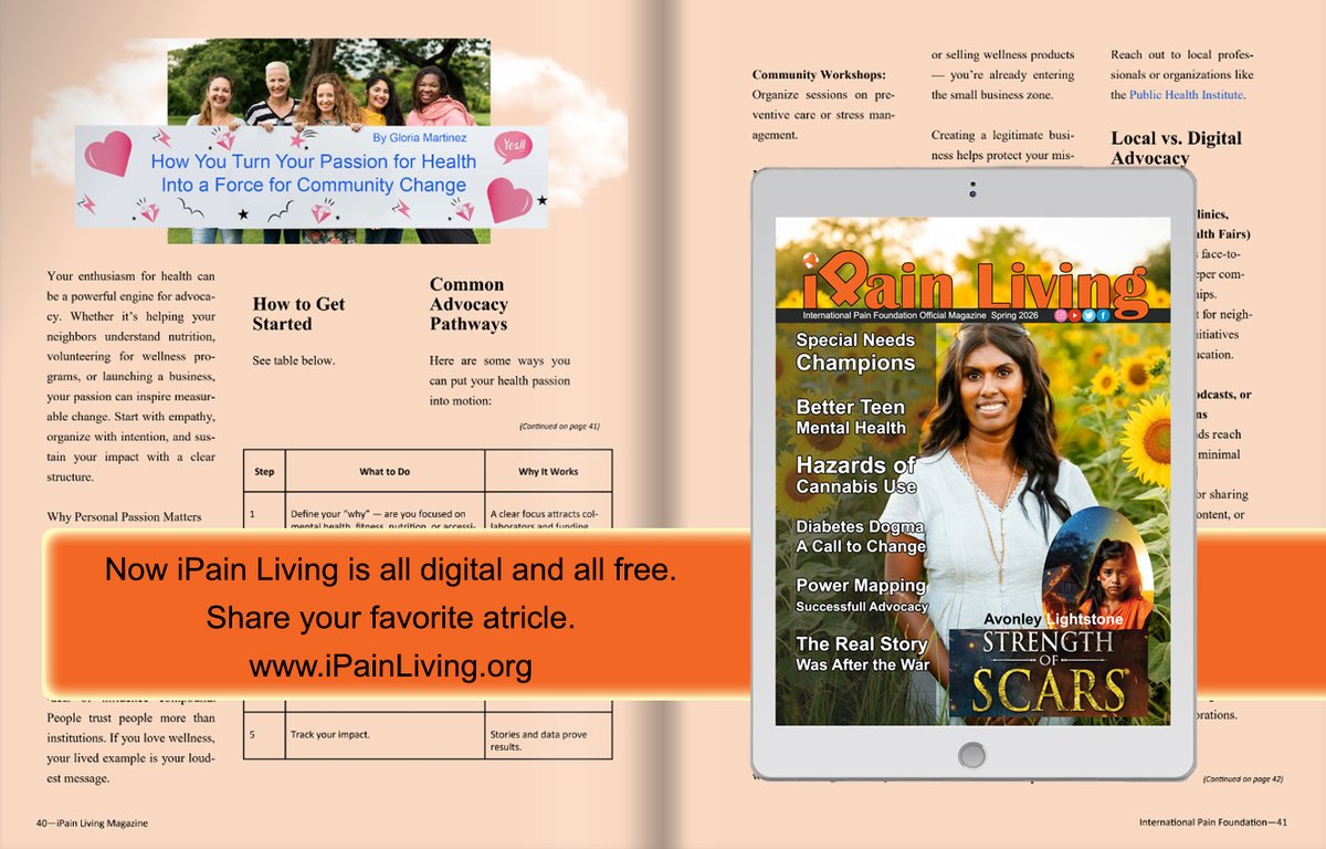 iPainOfficial's tweet photo. Turn Your Passion for Health Into a Force for Community Change - Turn health passion into action! Learn to drive community change in iPain Living Spring 2026, pg 40. https://t.co/LBlJHYeOke #iPainLiving #HealthAdvocacy https://t.co/SdZSzBjbnH