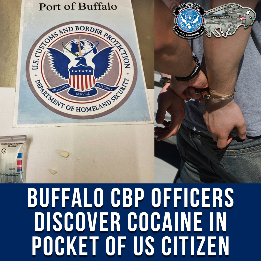 DFOBuffalo's tweet photo. 🚨 Buffalo @CBP officers stopped a U.S. citizen who made a wrong turn onto the Peace Bridge. What began as the discovery of narcotics residue in the vehicle led to a bigger find—cocaine hidden in his pocket! He was arrested and turned over to local police. #OFOProud https://t.co/HrNJ9xiXXJ