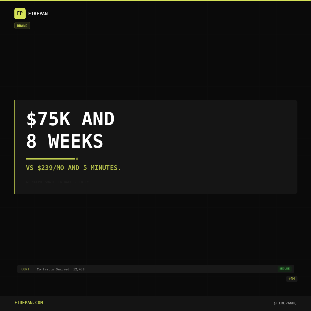 Audit firms: "That'll be $75K and 8 weeks."
Firepan: "That'll be $239/mo and 5 minutes."

We're not saying don't get audited.
We're saying don't wait until the audit to find out your code is vulnerable.

Continuous scanning during dev. Deep audit before mainnet.