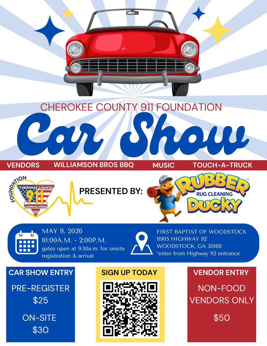 Cherokee911GA's tweet photo. 🚗✨ Come out and support the Cherokee County 911 Foundation at their exciting car show in Woodstock, GA!

https://t.co/eDMei9mO3K

#CherokeeCounty911 #CarShow #SupportLocal #CommunityEvent #FamilyFun #CherokeeCountyGA #WoodstockGA #HollySpringsGA #CantonGA #BallGroundGA https://t.co/ZON5M4GtKK