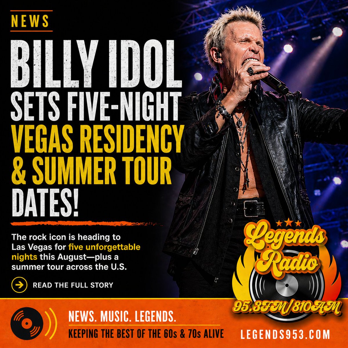 legendsam810's tweet image. Billy Idol is hitting the road again with a five-night Vegas residency and summer tour dates across the U.S. 🎤🔥

Read more: legends953.com/2026/04/29/bil…

#BillyIdol #Legends953 #ClassicRock