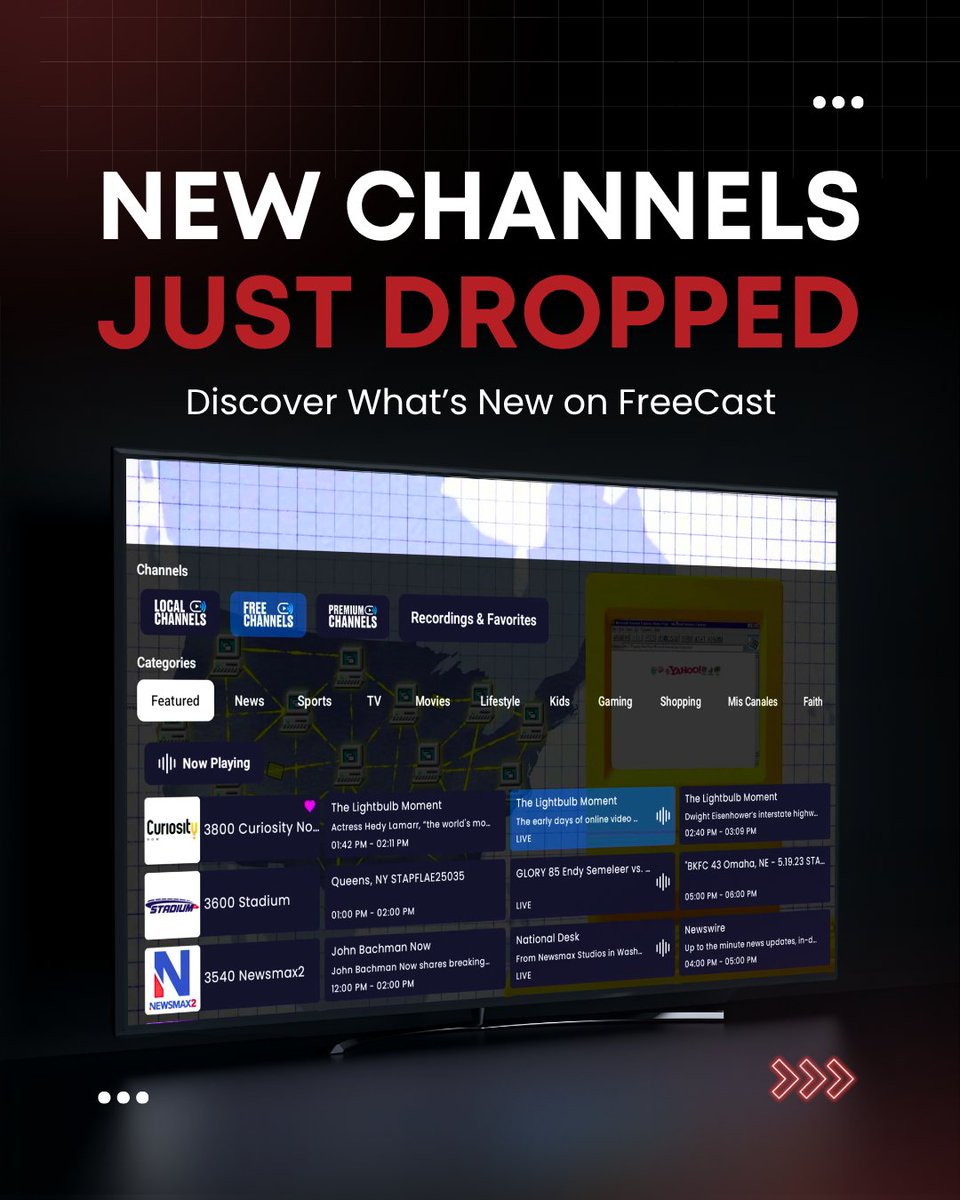 FreeCastTV's tweet photo. Something new for your watchlist. 📺
@CineDeHorrorTV : spanish-language horror that keeps you on edge. 👻
@ProLeagueNet : wild, fast-paced sports and viral fun. 🔥
Start watching 👉 https://t.co/3j9OI3JDYL
#FreeCast #StreamFree #FreeTV #NewChannels https://t.co/r6xS4Tk1SI