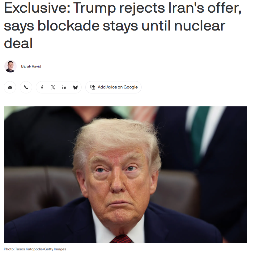 blendclips's tweet photo. Trump says the U.S. will maintain its naval blockade on Iran until a nuclear deal is reached, rejecting Tehran’s proposal to reopen the Strait of Hormuz first. https://t.co/Gn6vM50KPX