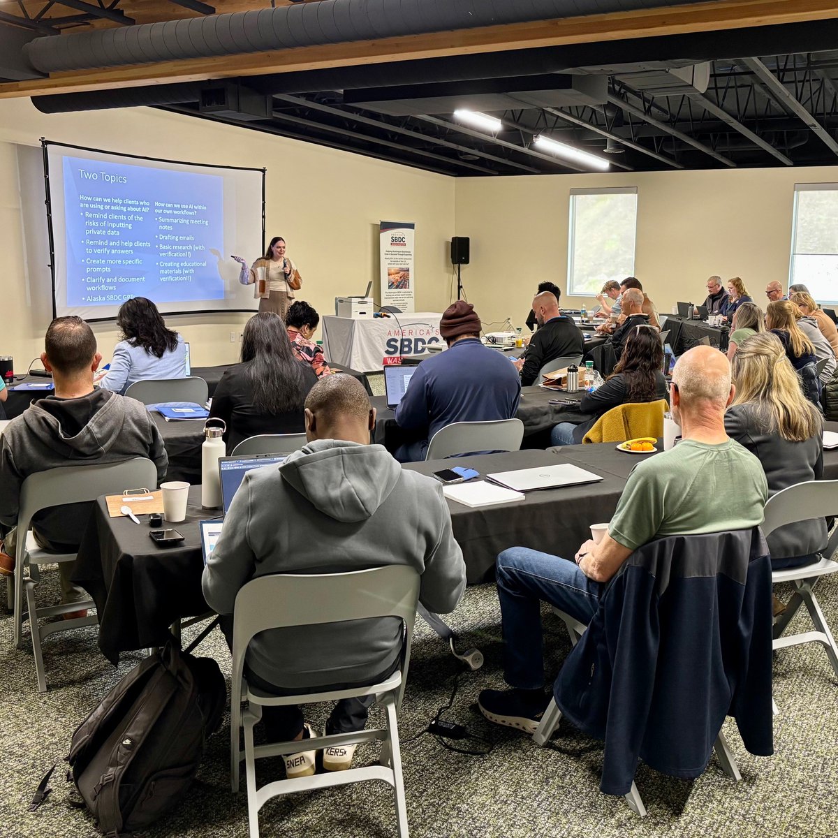 wsbdc's tweet image. Day 2 of our statewide training kicks off with a look at the future of #SmallBiz support. Today we’re focused on AI and how it helps businesses work smarter and boost efficiency—so our advisors can keep delivering value to #WA small businesses.