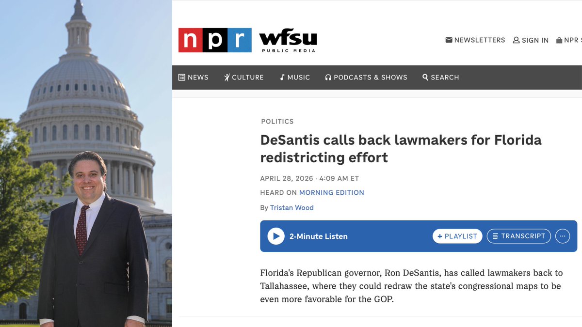 FSUCollegeofLaw's tweet photo. FSU Law Professor @michaelmorley11  was featured in @NPR , offering expert analysis on Florida’s redistricting process and the legal standards guiding legislative action.

Morley explained, “Unlike states that lack these state constitutional prohibitions on partisan gerrymandering, the Florida legislature has to be able to point to these politically neutral factors, politically neutral considerations.”

Read more: https://t.co/7JThOpqP0j