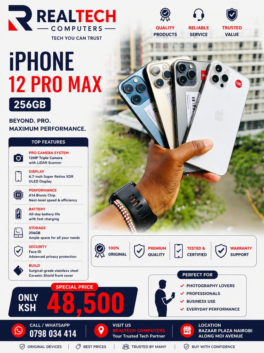 realtech_24's tweet image. Premium Build Quality
💰 KSh 48,500
📍 Bazaar Plaza, Nairobi (Along Moi Avenue)
📞 0798034414
#iPhone12ProMax #AppleKenya #SmartphoneDeals #TechKenya #iPhoneDeals