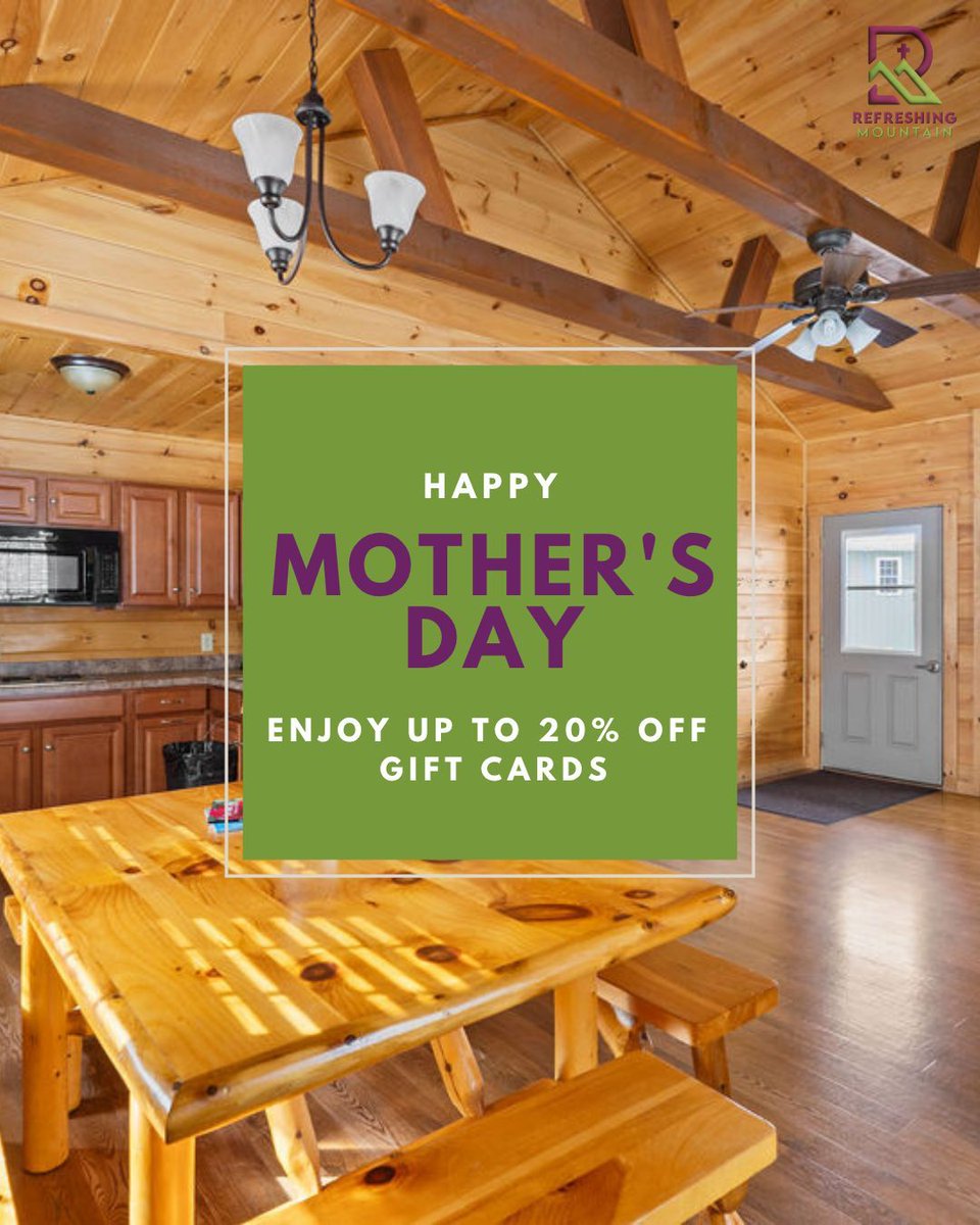 RefreshingMount's tweet photo. Skip the flowers 🌸 Give mom something she’ll really love!
Our Mother’s Day gift card special makes it easy to treat the mom in your life to a getaway she’ll never forget.
• 10% off $100 cabins
• 20% off $200 cabins
Grab yours today! https://t.co/4OxvyXGuSV https://t.co/YcAMd97ces