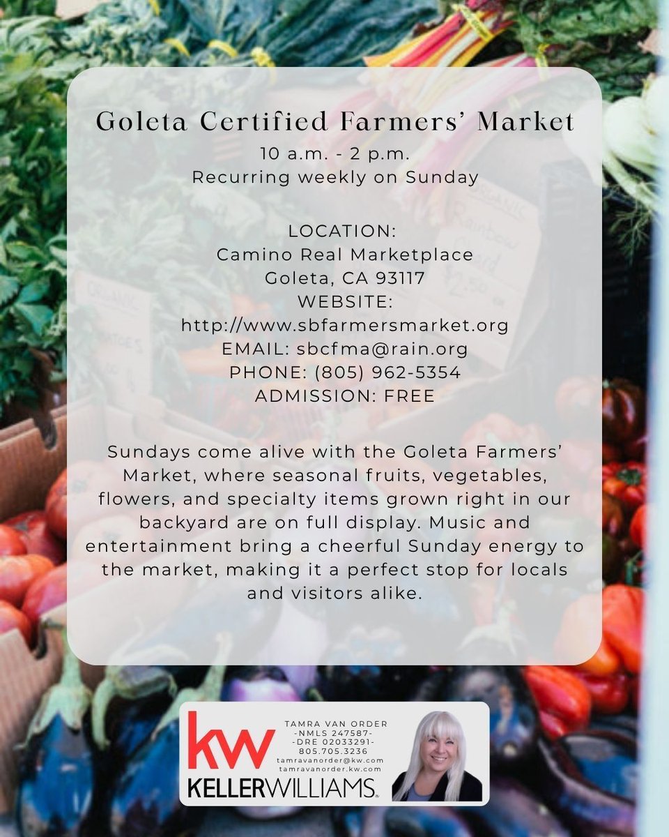 TamraVanOrder's tweet image. 🥕 Goleta Farmers’ Market
Sundays | 10–2 🌿

Fresh, local &amp;amp; community vibes

Thinking about living here?
📲 Let’s connect

#Goleta #SantaBarbara #FarmersMarket