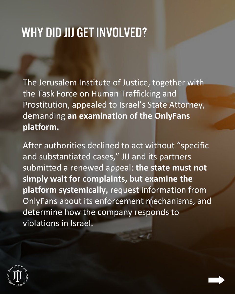 JIJ_Israel's tweet photo. Exploitation does not become acceptable because it moves online.

Through Project NOA — Not Objects Anymore, JIJ has spent years fighting prostitution, sexual exploitation, and the objectification of human beings in Israel.

The digital world cannot become a loophole for abuse. https://t.co/vlADgI9WX5