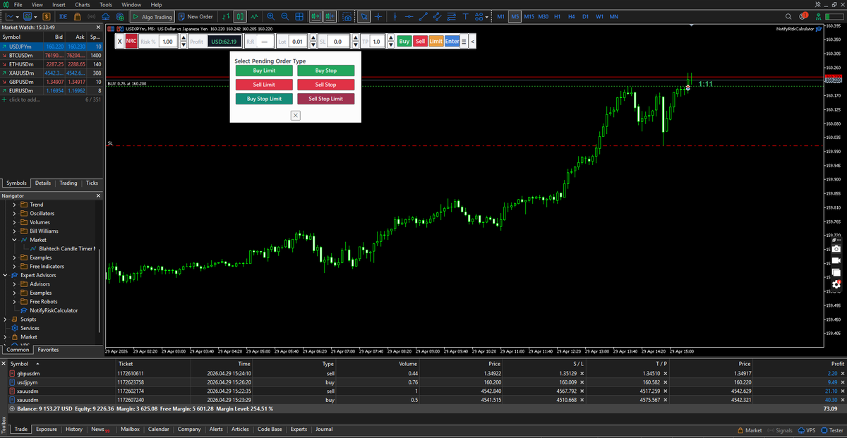 AliFalak_Sher's tweet photo. I built something every trader needs. 🧠

Introducing my MT5 Risk Calculator — built by a software engineer who actually trades.

⚡ Execute trades instantly
📊 Full trade manager built-in
🎯 Opinion meter to track your bias

🔗 https://t.co/6wMXhGMqta https://t.co/wotPjm0yNn