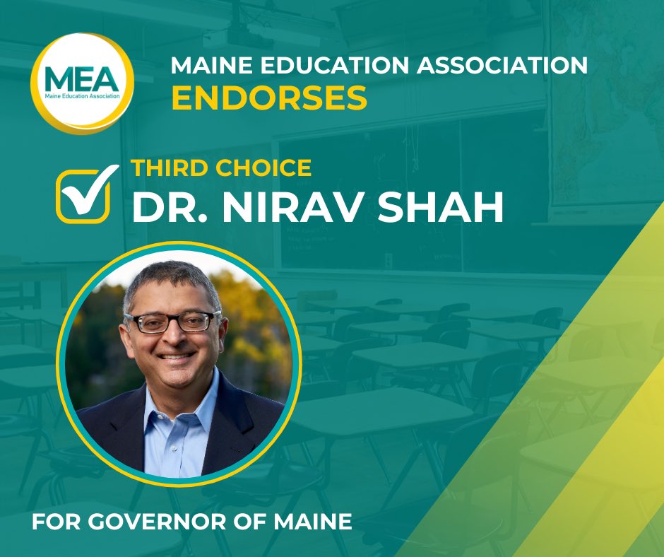 nirav_maine's tweet photo. I’m honored to have earned this endorsement from the Maine Education Association after such a rigorous endorsement process. During one of the hardest periods our schools have faced, I worked every day to protect the health and safety of our educators and saw them show up for Maine students in extraordinary ways.

As governor, I will continue to show up for Maine’s educators, students, and schools—listening, partnering, and making sure they have the resources they need to help every student succeed.