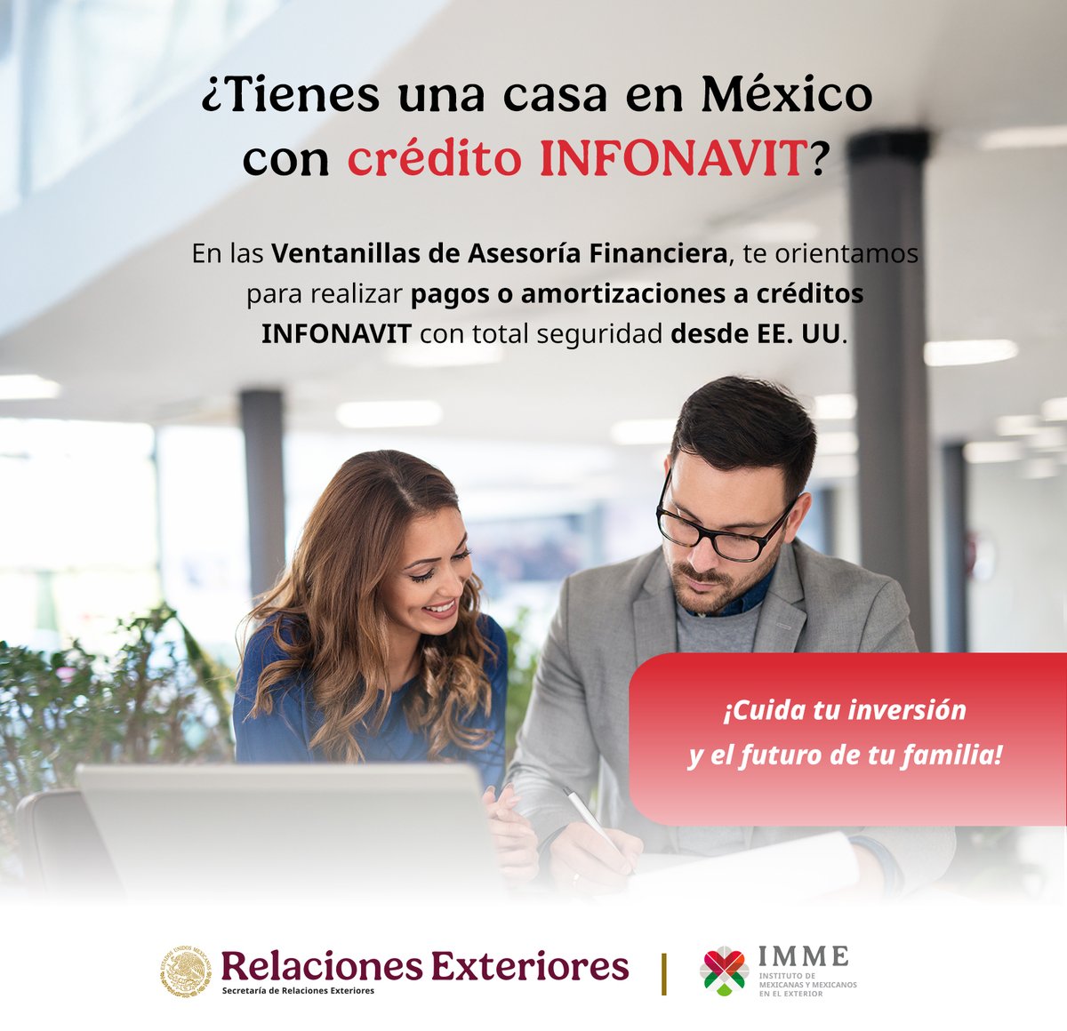 IME_SRE's tweet photo. Si tienes una casa 🏡en México con crédito INFONAVIT y necesitas orientación, acércate a la Ventanilla de Asesoría Financiera (VAF) de tu Consulado. Cuida tu inversión y el futuro de tu familia. ✨

#IMME #InclusiónFinanciera https://t.co/n4ZDnv8Tlz