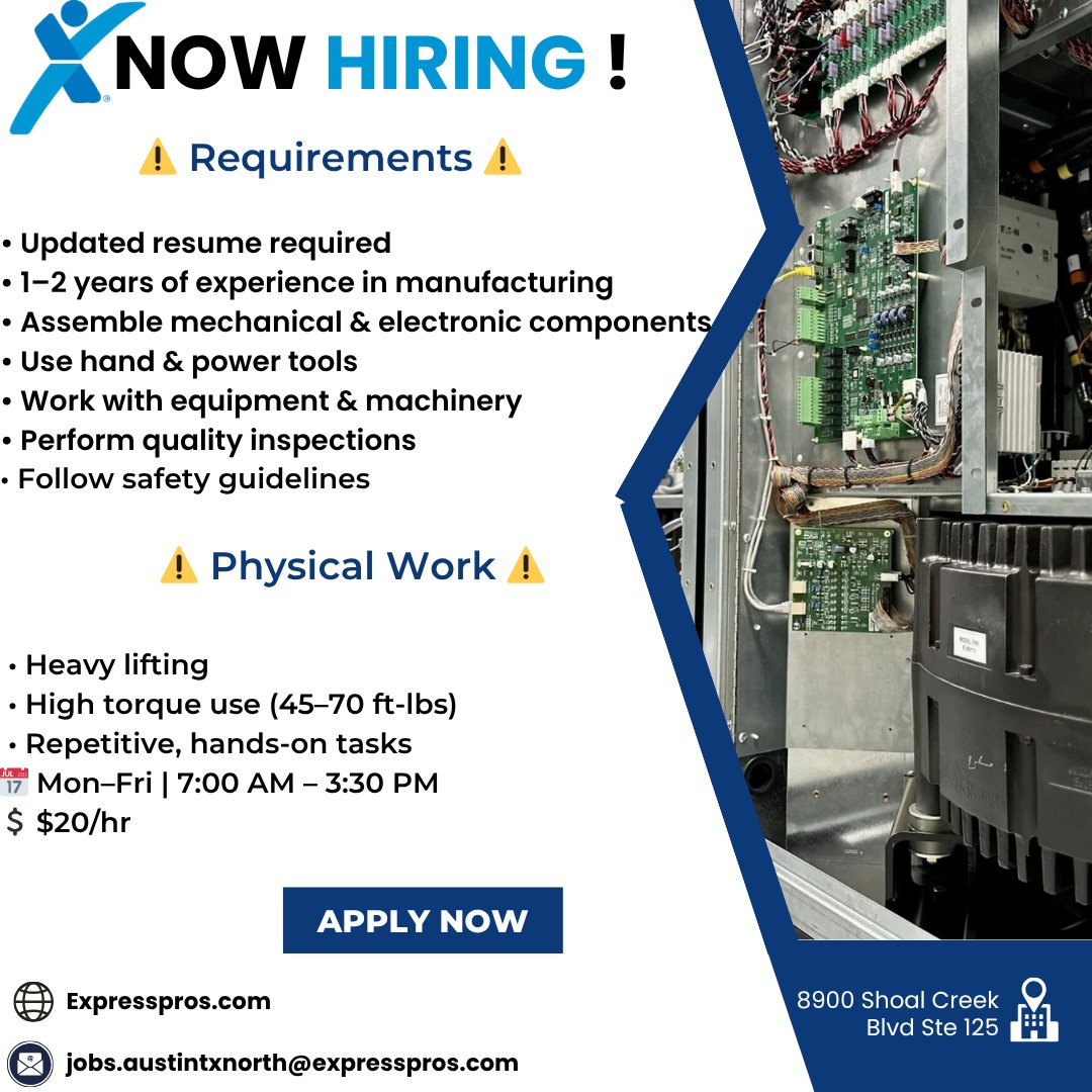 ExpressNorthATX's tweet photo. 🚨 Now Hiring: Manufacturing Assemblers – Apply Today! 🔧

Join Express Employment Professionals and start your next opportunity!

#NowHiring #NorthAustinJobs #ApplyNow https://t.co/Vbg9rzMBl3