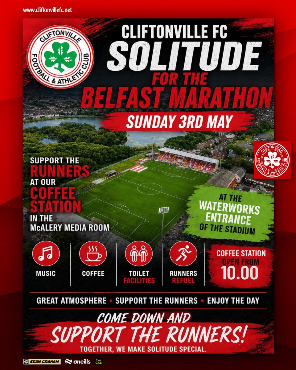 cliftonvillefc's tweet photo. 🏃‍♂️ Running in the Belfast Marathon?

👏 Want to show your support for a participant?

🧁 Just fancy eating loads of cake and buns?

We've got every angle covered at Solitude on Sunday.

➡️ https://t.co/0F4NxWxLEP https://t.co/7IVL13eN9L