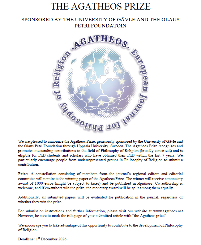 AGATHEOSjournal's tweet image. AGATHEOS will award 1000€ for an outstanding paper in Philosophy of Religion! #prize #philosophy #theology
