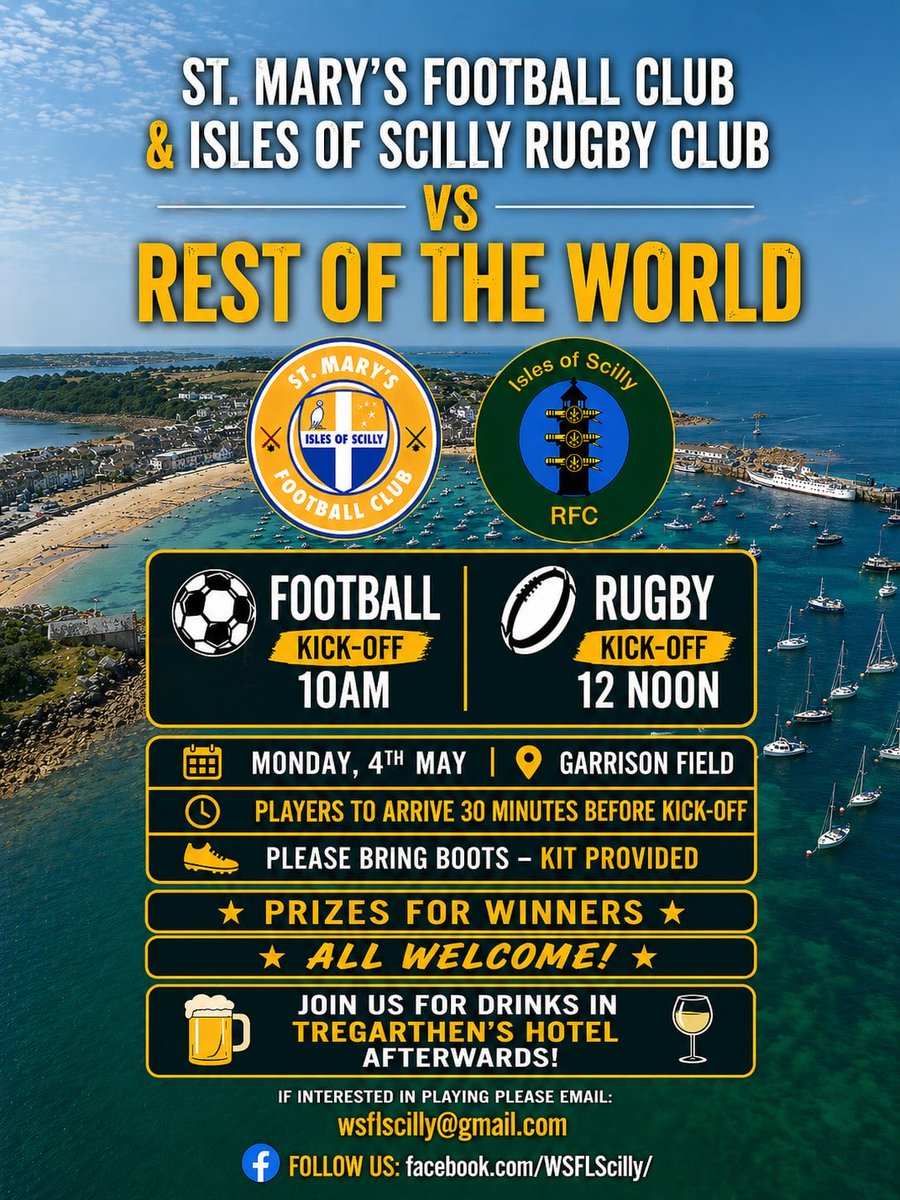 IOS_WSFL's tweet photo. Something extra to look forward to this Bank Holiday Monday! ⚽️🏉

If you’re on Scilly and keen to get involved, please do get in touch 

Good luck everyone involved in the World Pilot Gig Championships this weekend 🙌 https://t.co/N8j1nlx0gG