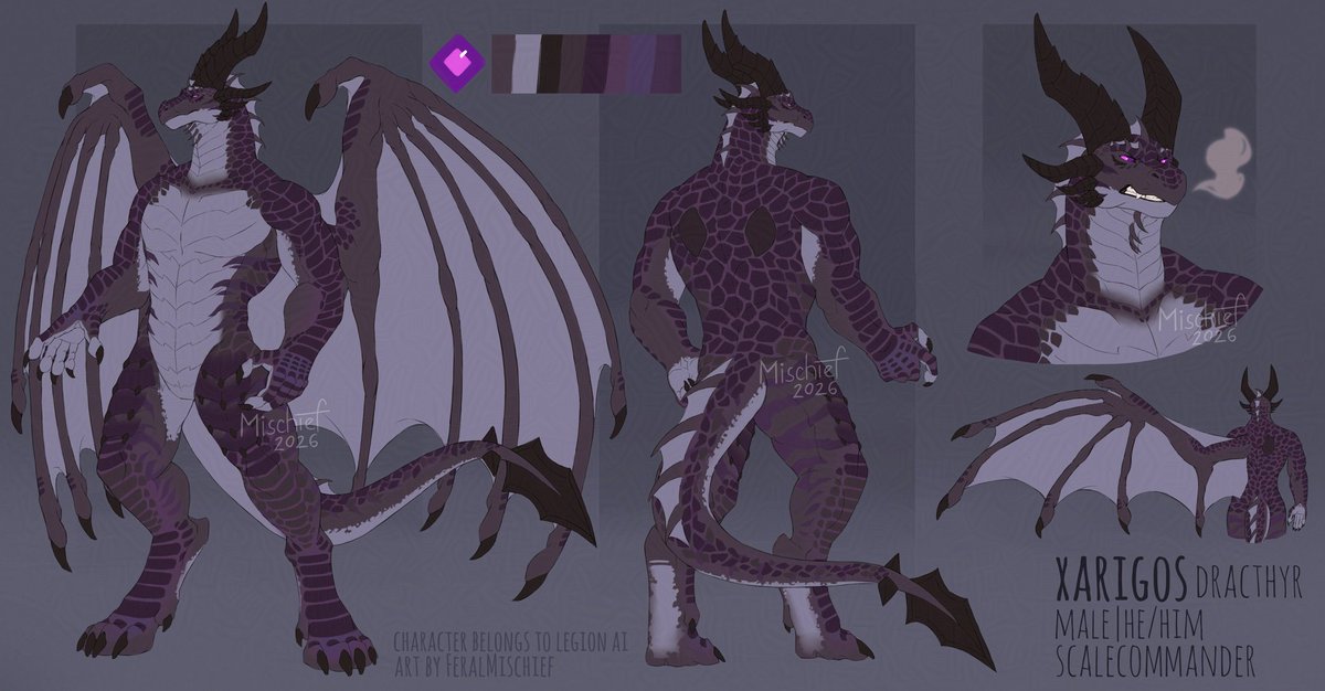 Feral_Mischief's tweet image. Neat dracthyr reference sheet I've done for @/legionai ! 
🖤💜🐲

#warcraft #warcraftart #worldofwarcraft #dracthyr