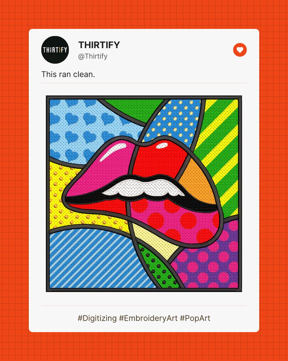 Thirtify's tweet image. Pop art lips. Twelve different stitch fill patterns. Hearts, stars, stripes, dots, grids. All of it flat and clean. Digitized same day. First file free — no card. → dashboard.thirtify.com/get-started

#embroidery #customembroidery #digitizing