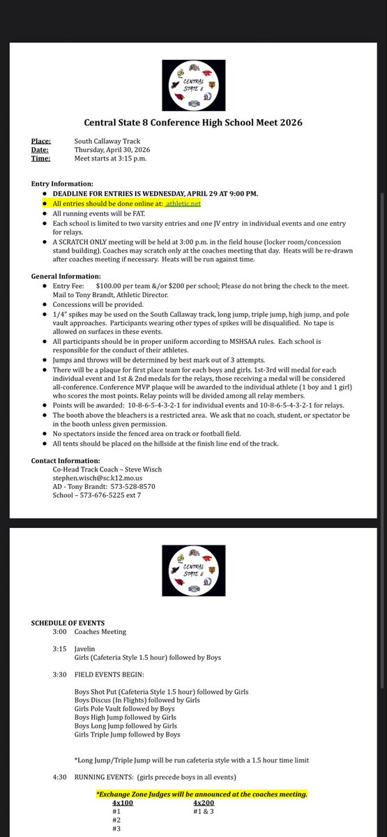 HarrisburgTF's tweet photo. Track &amp; Field Meet Information for the @CentralState8 Meet at South Callaway.

@DGP_Geisler @Whitfam8 @DTBBNT @MBlakeLogan @Harrisburgath @harrisburgr8 @b_claas https://t.co/TPiqgnNuvu