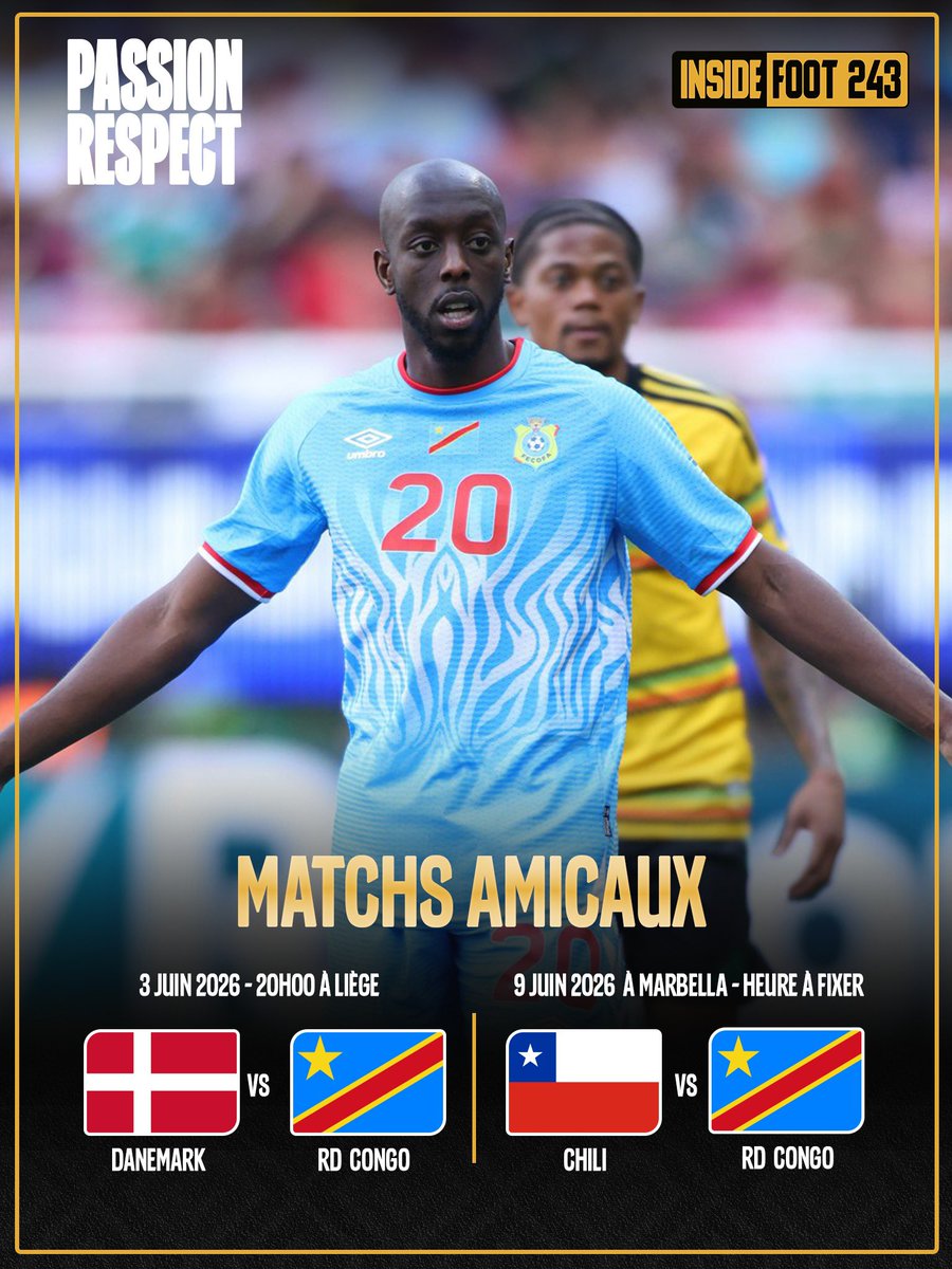 Inside_foot243's tweet image. 🇨🇩 Les matchs amicaux des Léopards pour juin 🔥 

• Danemark 🇩🇰 vs RD Congo 🇨🇩 à Liège 
• Chili 🇨🇱 vs RD Congo 🇨🇩 à Marbella

Ces deux rencontres serviront de préparation pour la Coupe du monde 2026. 

🗞️ Via Afrik foot

#Congo