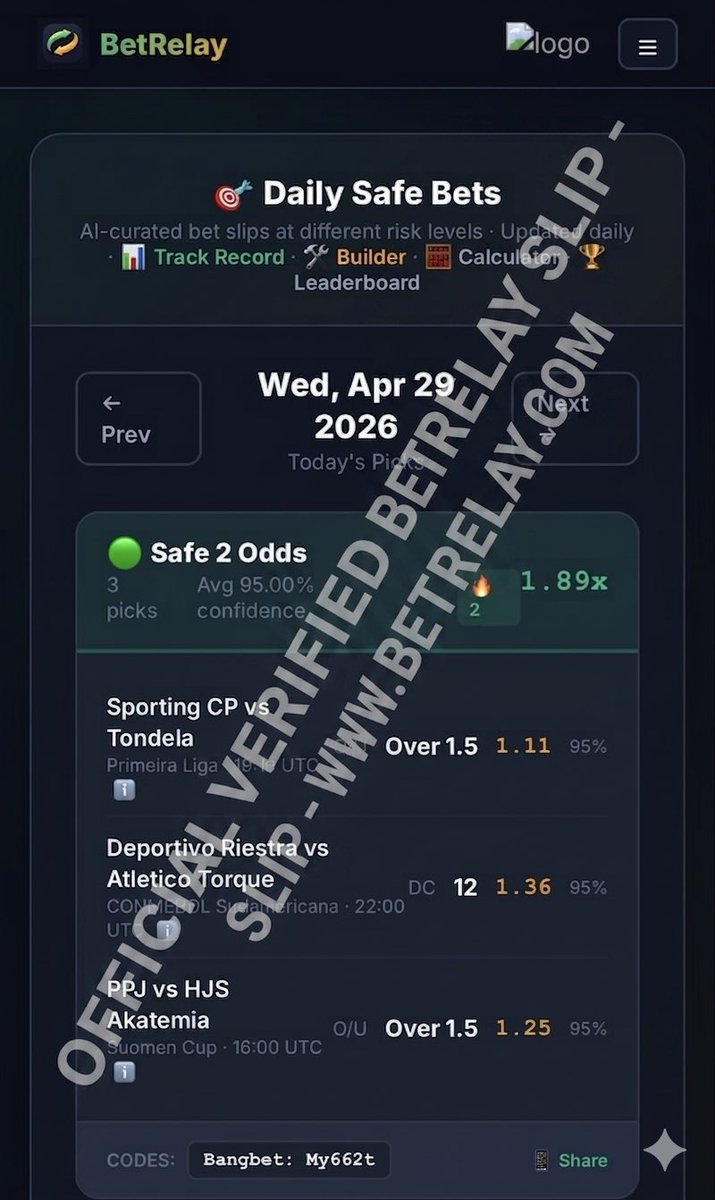 BetRelayNG's tweet photo. TODAY’S SELECTIONS ARE UP! 🟢✅

A crisp 1.89x odds slip featuring Sporting CP and more. 95% confidence across the board. 📈

Secure your games and win smarter with the engine. ⚽️⚡️
Visit the platform for all booking codes! 🏁

#BetRelay #BookingCode #SafeBets #Winning https://t.co/LVRuBELLyZ