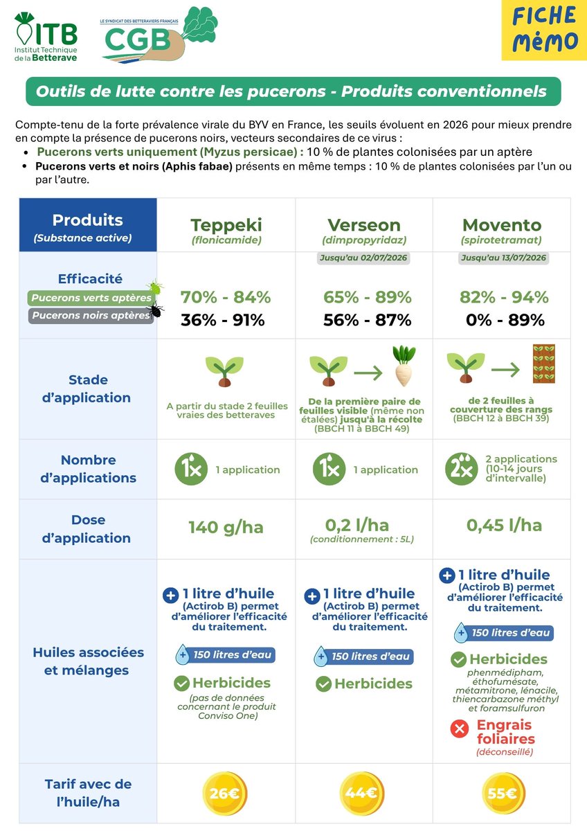CGB_FR's tweet photo. 🚨 Pucerons : l'invasion est précoce et généralisée sur toute la France betteravière.
Betteraves fragiles = vigilance maximale.
6 produits disponibles (conventionnels + biocontrôle) - conditions, délais, compatibilités : tout est dans la fiche mémo 👇
https://t.co/Zsv6KwSI83 https://t.co/BOfXogBhbi
