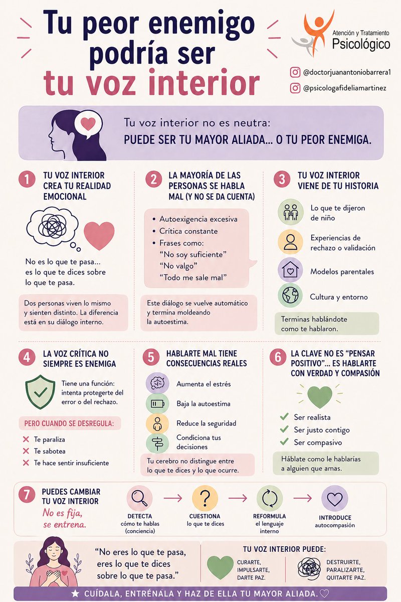 No siempre te lastima lo que vives,
a veces te destruye lo que te dices en silencio
💭 Esa voz puede impulsarte… o hundirte.
La pregunta es: ¿cómo te estás hablando hoy?
✨ Empieza a tratarte con la misma compasión con la que cuidas a los demás.
Somos expertos en salud emocional