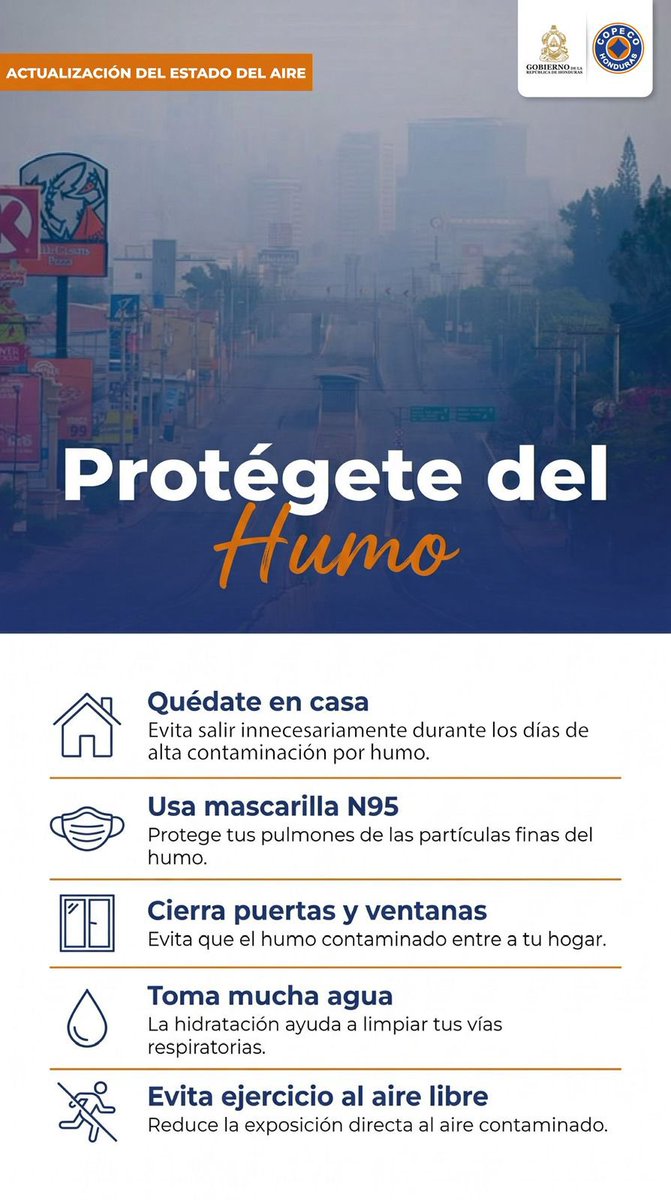 copecogob's tweet image. 🚨 Protégete del humo y cuida tu salud

COPECO y SIMGER te invitan a seguir estas recomendaciones

Tu salud es primero. #Prevención #CalidadDelAire #COPECO #SIMGER

@PoliciaHonduras @CruzVerdeHondur @911Honduras @cruzrojahon @IHToficial @saludgobhn @arsa_hn @SITHonduras @senaf_hn
