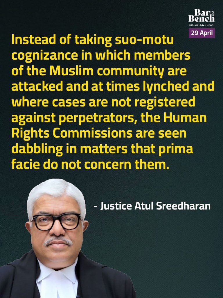 GuptaPragnya's tweet photo. Small mercies of the Judiciary.
Little to restore any faith back in the system.
😔🙏
—————————
Justice Atul Sreedharan of the Allahabad High Court says Human Rights Commissions ignore lynchings of Muslims

#BarandBench #legalnews #HumanRightsCommission #AllahabadHighCourt https://t.co/ZpjtOaVRnE