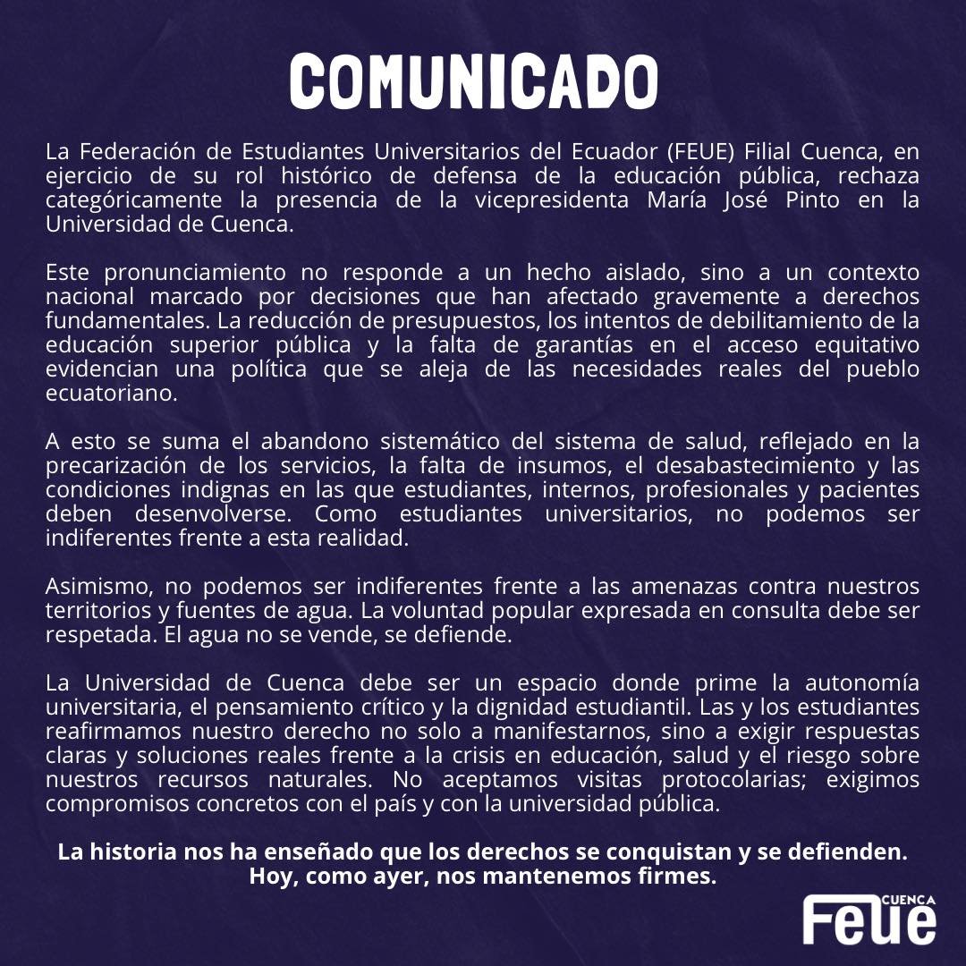 AntisanaNews's tweet photo. 🧿La #FEUE de #Cuenca rechaza la presencia de María José Pinto en el campus universitaria, por la grave crisis que vive el país y que es causada por el propio gobierno y sus decisiones que afectan derechos fundamentales como el de la salud
#URGENTE⚡️#Ecuador #Resistencia https://t.co/VRoeXu1Cpa