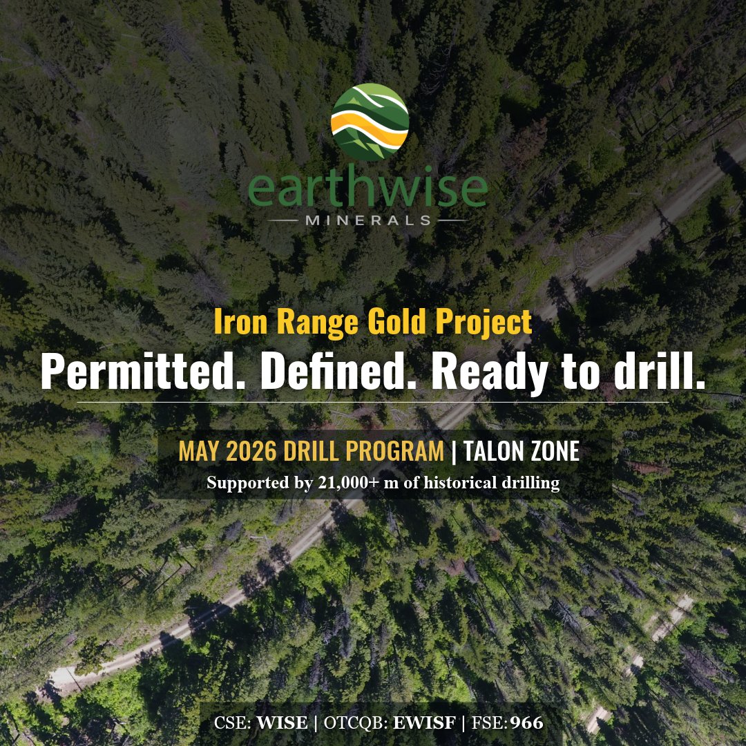 Permitted. Defined. Drill-ready.

Earthwise Minerals is advancing a May 2026 drill program at the Talon Zone, supported by 21,000+ m of historical drilling across the Iron Range Gold Project.

📍 British Columbia
 
#Gold #Mining #Exploration #Drilling $WISE.CN $EWISF